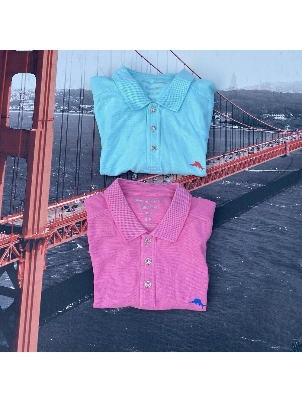 Tommy Bahama Supima Lot of 2 Mens Polo Golf Shirts Size M Short Sleeve Pink Cyan